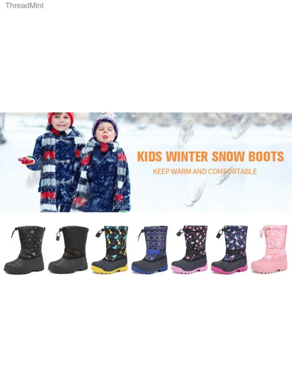Kids Waterproof Snow Boots Fur Lined Bungee Closure Non-Slip Rubber Sole Winter